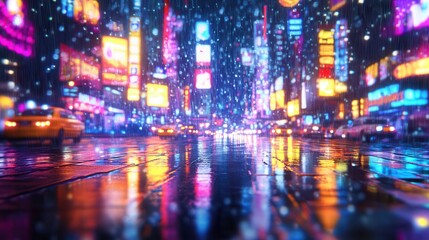 Obraz premium ** Vibrant Nightlife in a Rainy City: Neon Lights Reflecting on Wet Streets with Busy Traffic and Illuminated Billboards..**