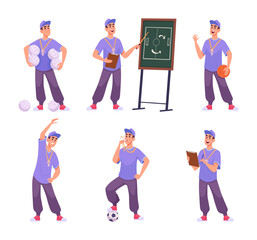 Physical education teacher. Pupils sport activities with teacher exact vector school children