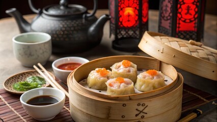 Bamboo steamer basket with har gow and siu mai dumplings