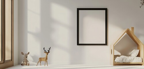 A photorealistic 3D rendering of a children's room with a white wall, featuring a house-shaped bed, a black-framed poster mockup, a wooden shelf, and a deer toy on a white carpet floor. 