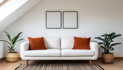 Elegant living room with a white sofa, two orange cushions, and framed artwork. Minimalist decor with green plants and cozy atmosphere.