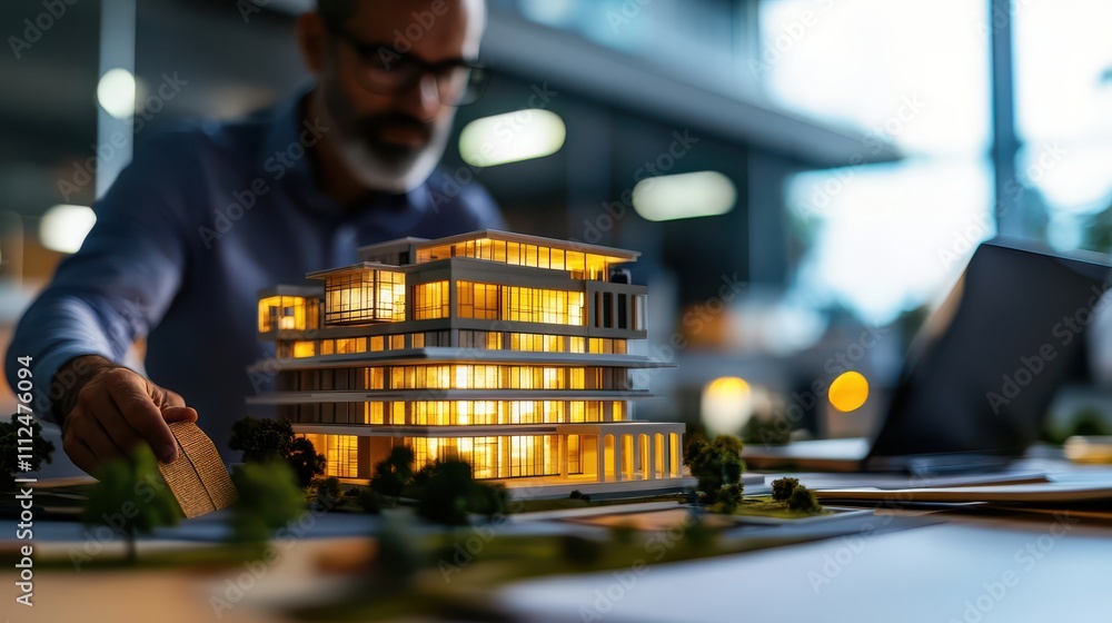 Poster architect working on a scale model of a modern building in a bright office environment with warm lig