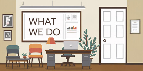 Minimalist office interior with "WHAT WE DO" on a whiteboard, sleek furniture, potted plants, and modern decor in neutral tones, creating a professional workspace vibe.

