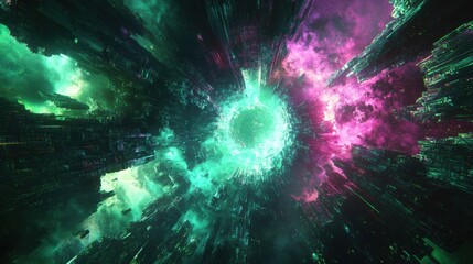 A green and purple space with a large hole in the middle