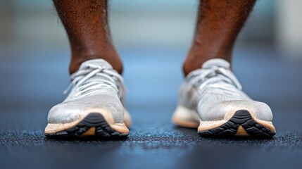 Close-up of athletic shoes on a running surface, emphasizing fitness and activity.