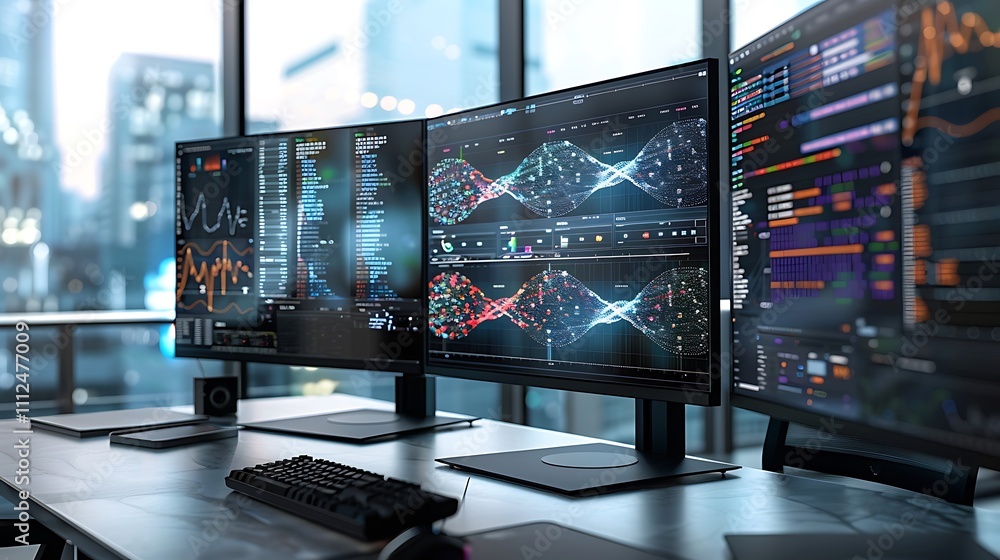 Poster a modern workspace with multiple monitors displaying different angles of a 3d dna model and neural n