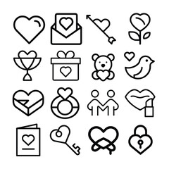 Valentine's Day Line Icon Bundle - Heart, Cupid's Arrow, Love Letter, Red Rose, Bouquet, Gift Box, Teddy Bear, Love Bird, Chocolate Box, Ring