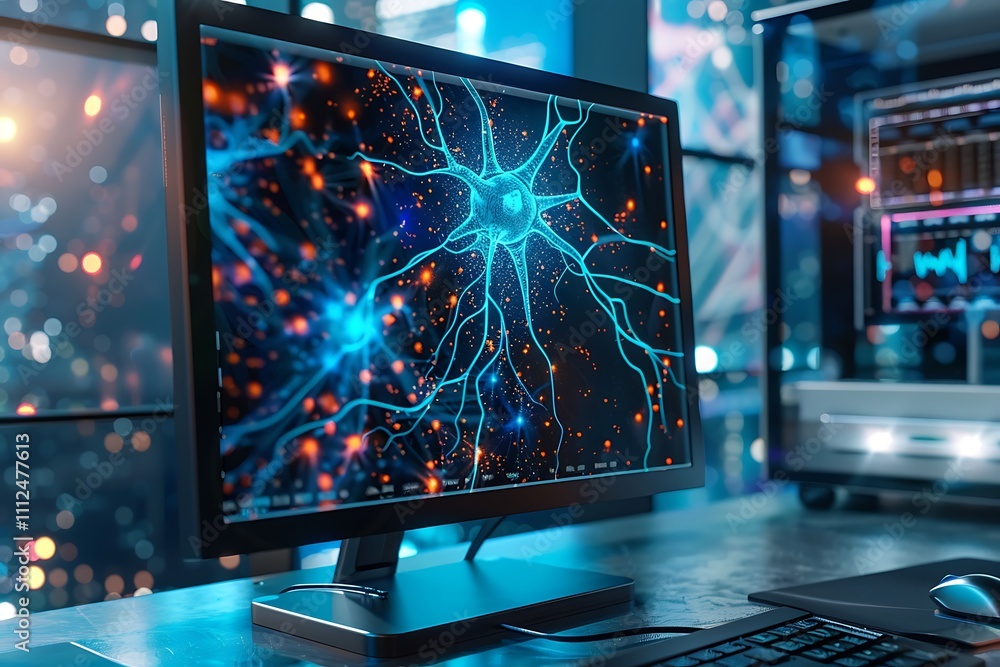 Poster a sleek computer screen showing a detailed 3d model of neurons with synapses highlighted in vibrant 