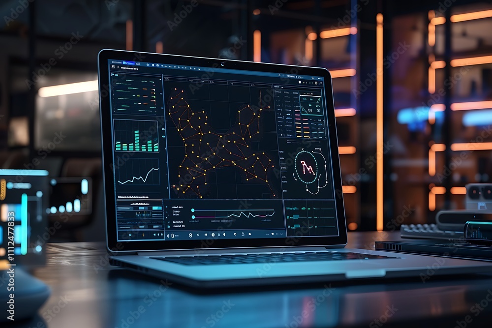 Poster a sleek office desk with a laptop displaying a detailed genome sequencing map and neural activity ch
