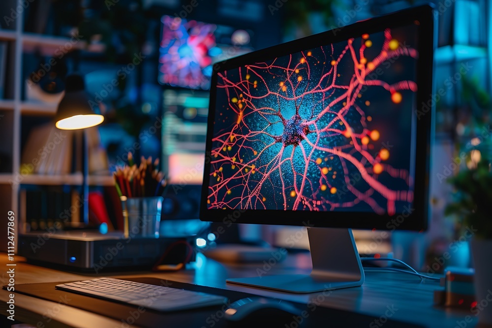 Poster a sleek computer screen showing a detailed 3d model of neurons with synapses highlighted in vibrant 