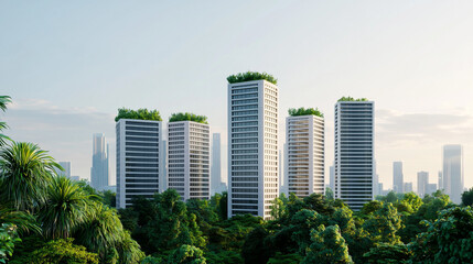 Futuristic skyscrapers with rooftop gardens surrounded by lush greenery in a serene urban landscape. Eco-friendly living concept.