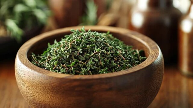 Fresh thyme leaves displayed in a wooden bowl on a rustic kitchen countertop