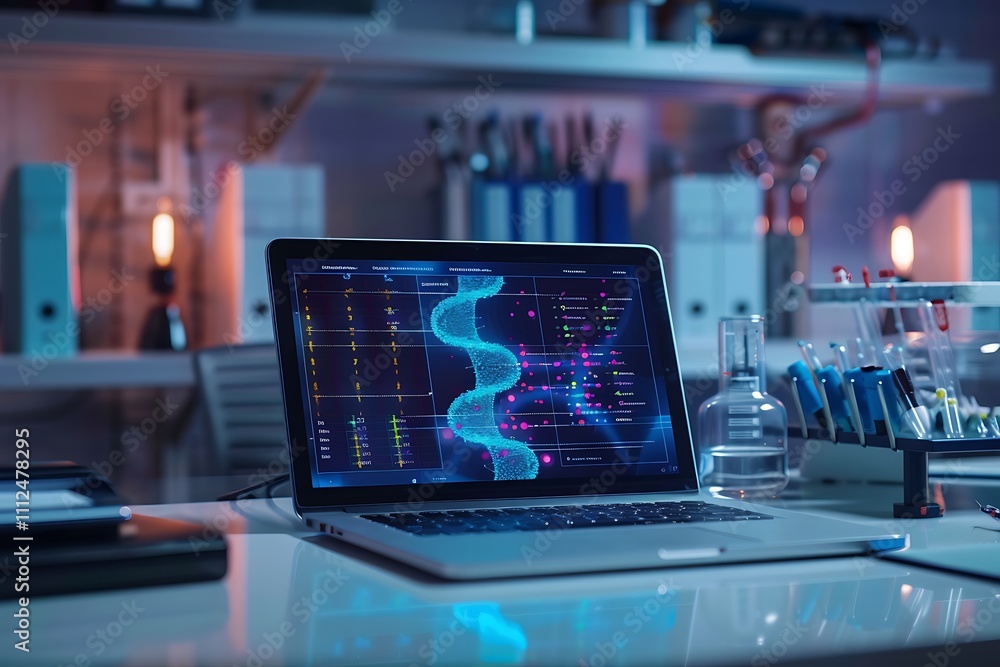 Poster a sleek office desk with a laptop displaying a detailed genome sequencing map and neural activity ch