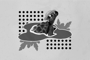 Creative collage picture of sea turtle inside drawing pond water wear sunglass headwear isolated on...