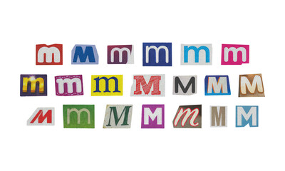 Set of cut-out letter “M” from magazines on a transparent background, retro y2k ransom font style