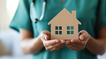 Healthcare professional holding house model, symbolizing home care and wellness support in a comforting environment.