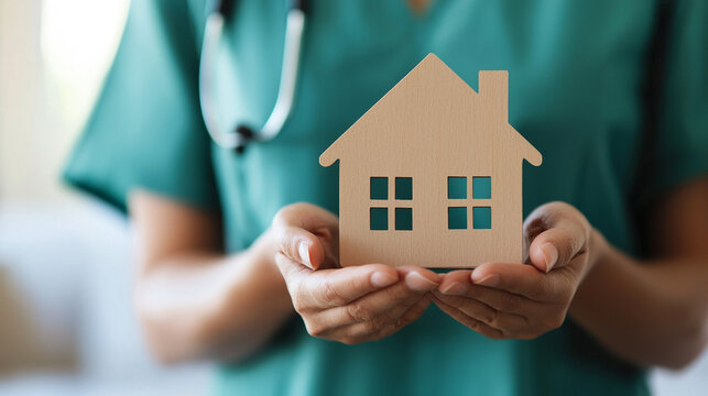 Healthcare professional holding house model, symbolizing home care and wellness support in a comforting environment.