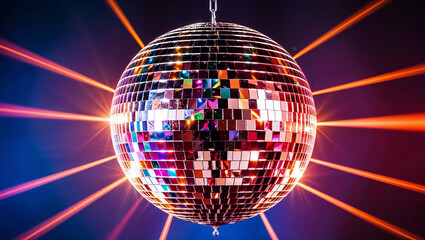 Obraz premium Shiny disco ball reflecting colorful lights in nightclub