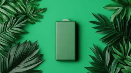 battery replacement recycling. A minimalist image featuring a green rectangular object surrounded by lush green foliage on a vibrant green background.