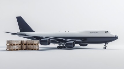 A large white and black airplane is parked on the tarmac next to a stack of pall