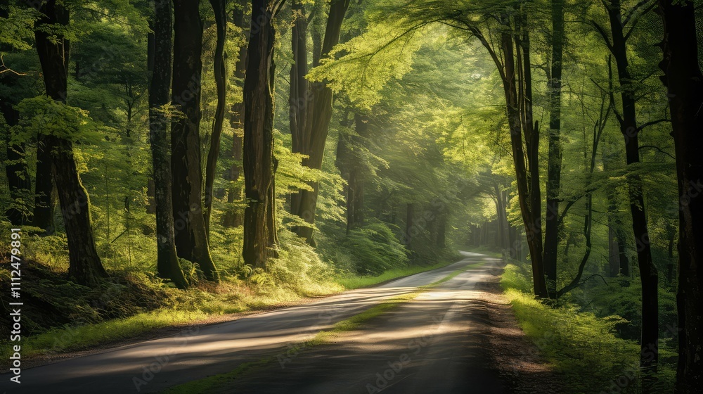 Wall mural sunlight trees on road