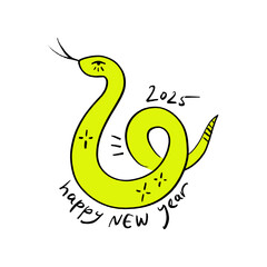 Kawaii Green Wooden Snake Lunar Chinese New Year 2025 Holiday Funky Groovy Postcard Illustration Cartoon Humor Boho Childish Drawing. Vector Christmas Animal Kids Stylized Concept With Lettering Clip