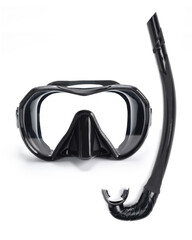 Black mask and snorkel for diving isolated on white background.