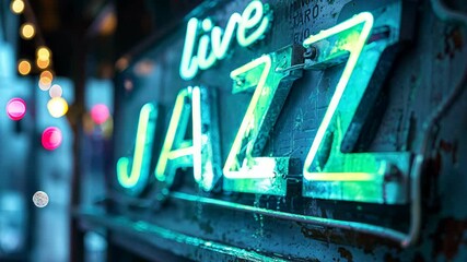 Live Jazz neon light sign glowing, live music night club 