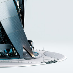 Futuristic Spiral Skyscraper Enterance with Glass and Metal Facade, Sleek Architectural Design, and Advanced Structural Elements in Modern Urban Setting, 3D Rendering