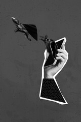 Collage photo of virtual film smartphone display flying bat horror scare halloween spirit...