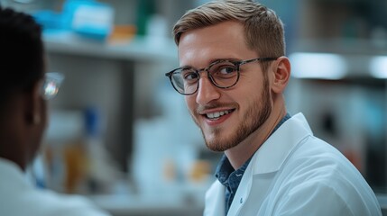 Fototapeta premium A smiling man in a lab coat engages in conversation in a scientific setting.