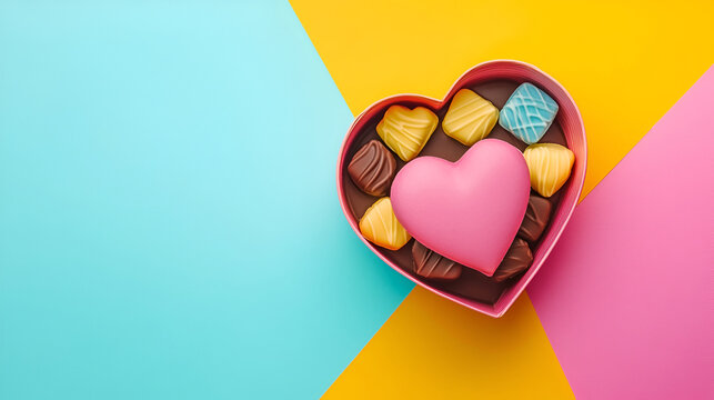 Fototapeta  Top view photo of heart shaped saucers with confectionery cookies jelly candies inscriptions love and confetti on isolated beige background with blank space