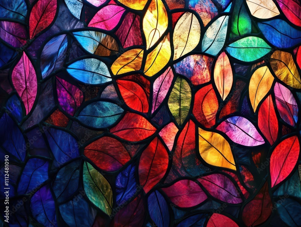 Poster vibrant stained glass window filled with intricate shapes and leaf patterns, showcasing multidimensional shading and colorful realism, transforming light into a kaleidoscope of colors