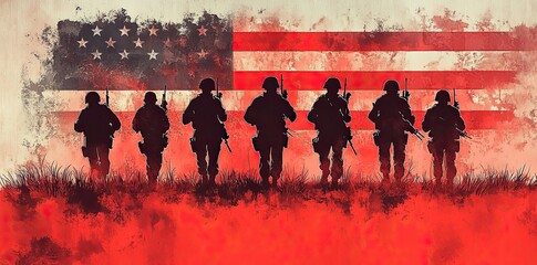 Silhouette of Soldiers Against American Flag Background at Sunset