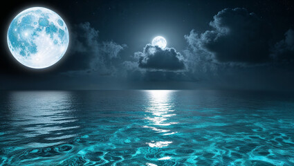 Big moon shining over calm ocean at night