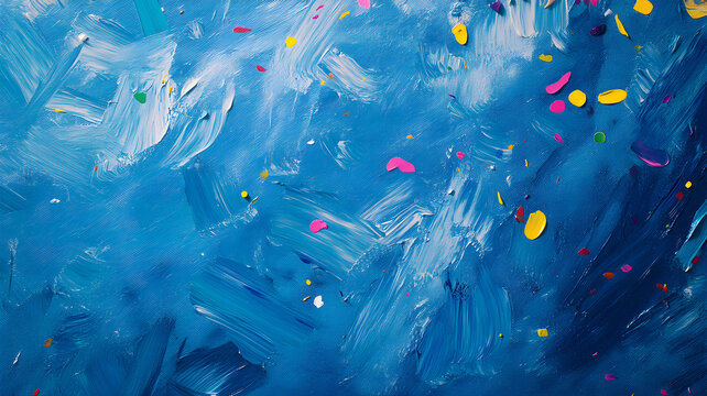 un fondo azul pintado en acuarela o en oleo con confeti de colores para decoracion o tarjeta de cumplea&ntilde;os alegre y divertido