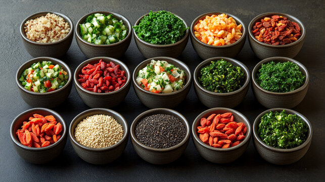 A neat grid of raw superfoods like quinoa goj