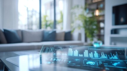 Futuristic Living Room with Transparent Screen Displaying Data Analytics and Graphs in Modern Home Interior Design