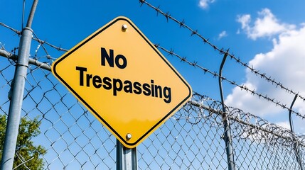 Large Yellow 'No Trespassing' Sign on Fence with Barbed Wire,Legal Warning and Enforcement of