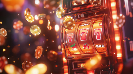 Slot machine hitting jackpot with sevens, coins flying, and bright lights.
