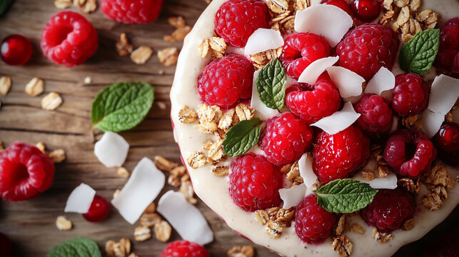 Close-up of a smoothie bowl topped with grano