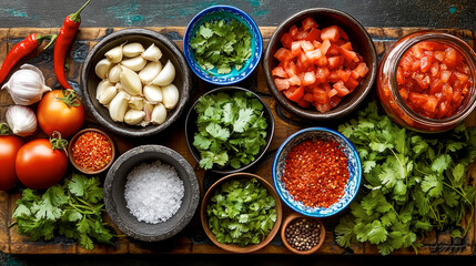 Captivating top-down view of fresh cooking ingredients arranged beautifully on a rustic wooden table