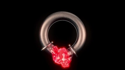 Small metal rings move around the large torus, melting the space between them into tongues of flame or lava. A loading screen concept or visualisation of the infinity of motion. High quality, looped - Powered by Adobe