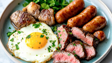 Enjoying a protein-packed breakfast with steak bites, juicy sausages, and perfectly cooked eggs for an energizing start to the day