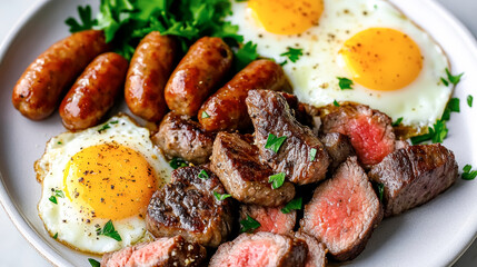 Protein-packed breakfast with juicy steak bites, savory sausages, and perfectly cooked eggs for a satisfying start to any day