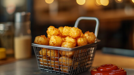 Tater tots in a mini fryer basket, cozy kitchen background, ketchup and mustard beside