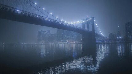 Obraz premium A misty night view of a bridge illuminated by lights, reflecting in the water below.