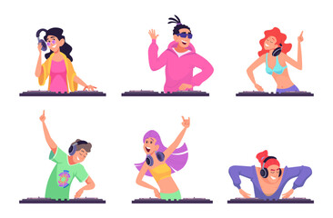 Dj. Musician characters in action poses standing in headphones and making music sound mixing different songs exact vector active people