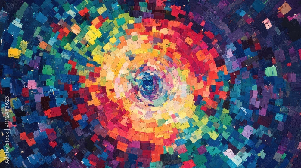 Poster a chaotic spread of pixel blocks in a pixelated swirl pattern, featuring bright colors against a dar
