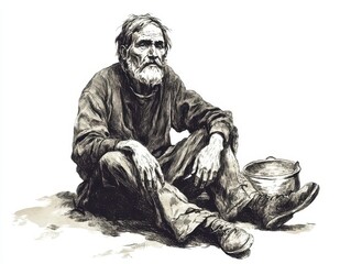 vintage illustration depicting a poor man, isolated on a clean white background. the simplicity of the scene emphasizes the plight of poverty, capturing a moment that evokes empathy and reflection